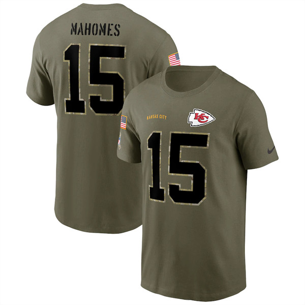 Men's Kansas City Chiefs #15 Patrick Mahomes 2022 Olive Salute to Service T-Shirt - Click Image to Close